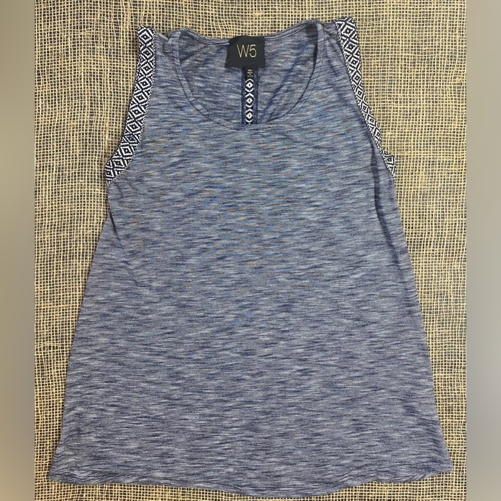 W5 Navy Blue Tank Top, Size XS, Embroidered Accents, Rayon Blend Anthropologie